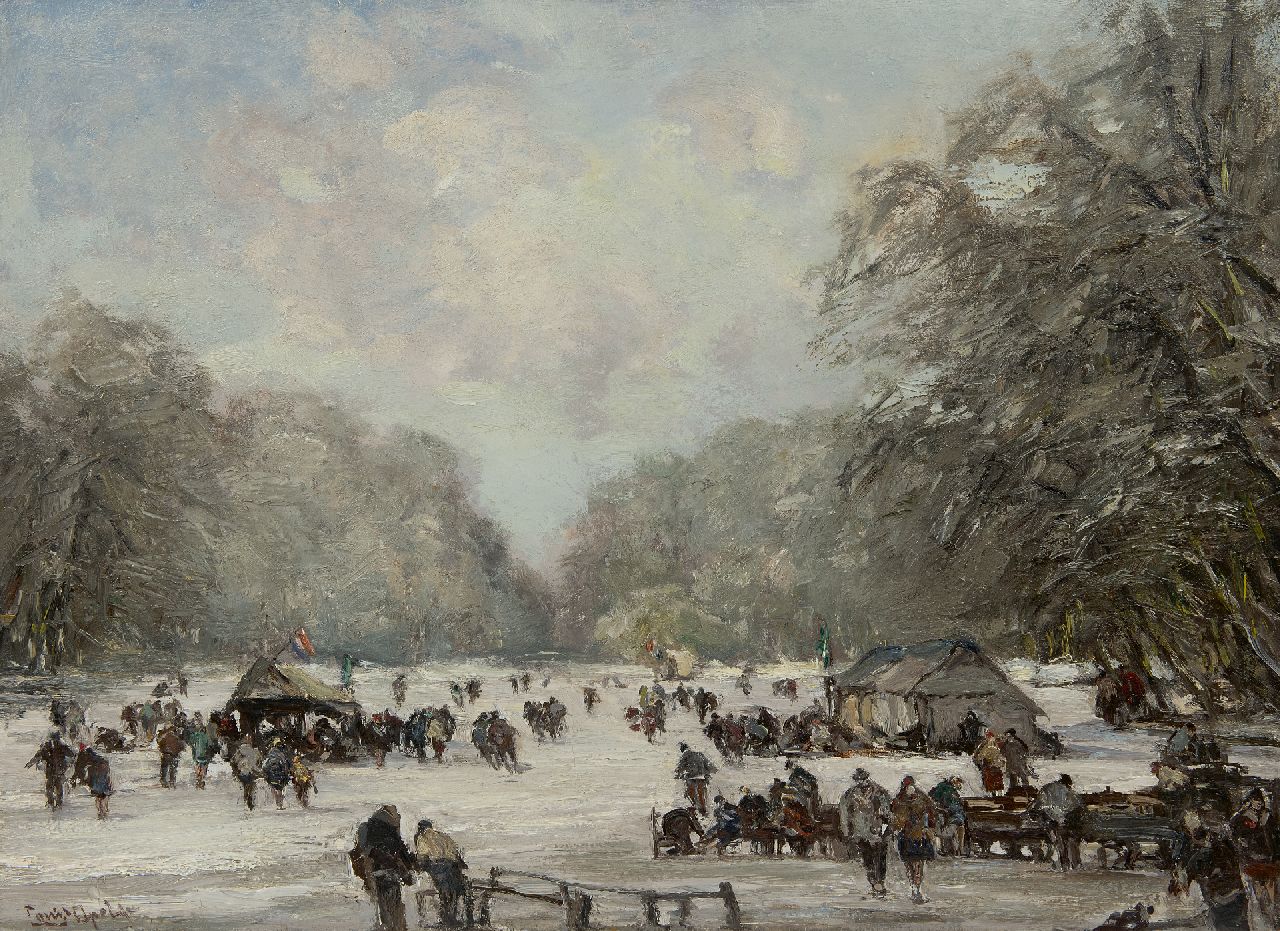 Apol L.F.H.  | Lodewijk Franciscus Hendrik 'Louis' Apol | Paintings offered for sale | A crowd enjoying skating on the pond in the Haagse Bos, oil on canvas 55.4 x 75.5 cm, signed l.l.