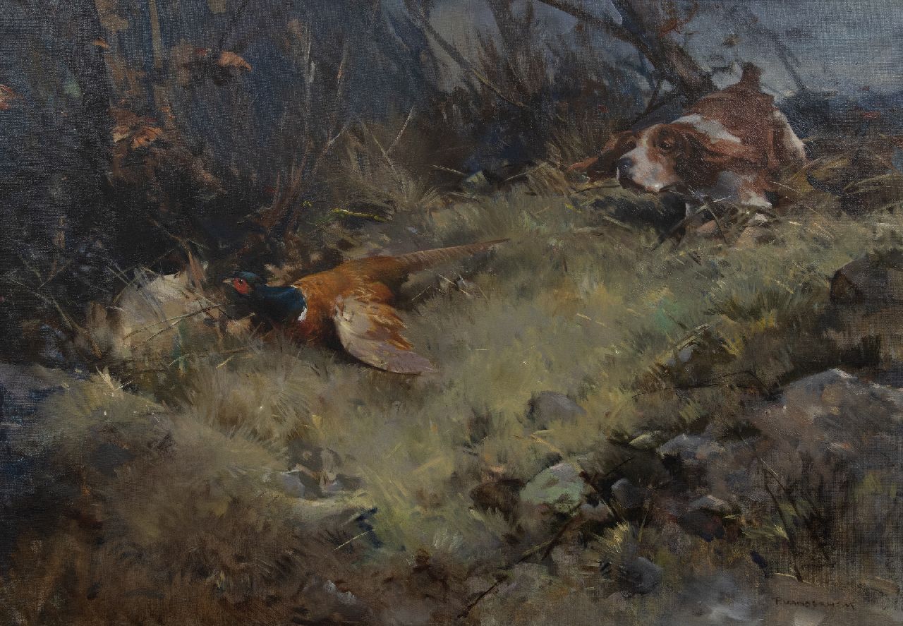 Hem P. van der | Pieter 'Piet' van der Hem | Paintings offered for sale | Dog chasing a pheasant, oil on canvas 70.2 x 102.0 cm, signed l.r.
