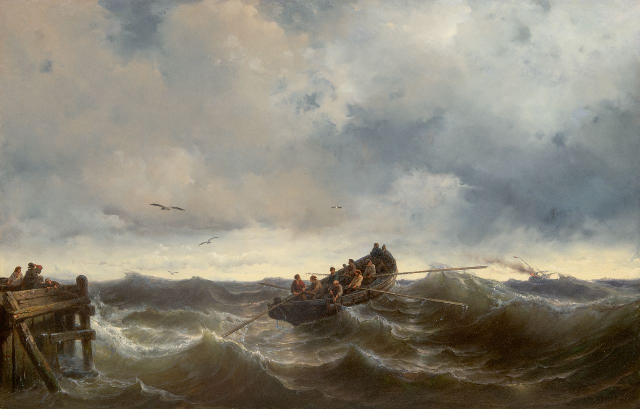 Meijer J.H.L.  | Johan Hendrik 'Louis' Meijer | Paintings offered for sale | Outgoing lifeboat, oil on panel 85.0 x 130.5 cm, signed l.r. and dated 1857