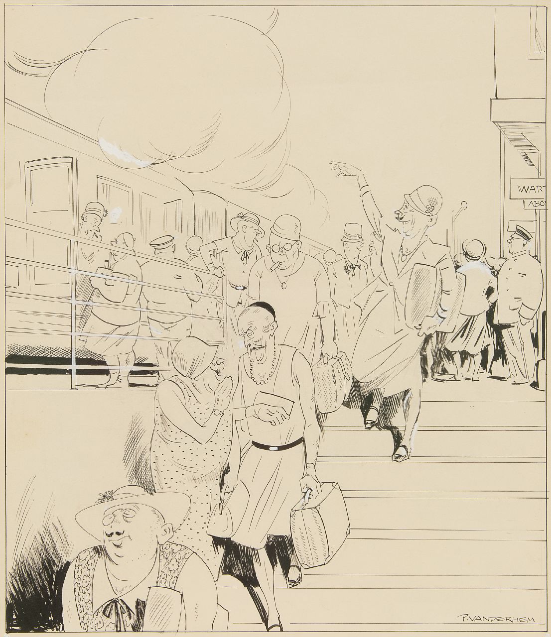Piet van der Hem | Summer crowds at the station, ink and watercolour on paper, 49.8 x 35.0 cm, signed l.r.