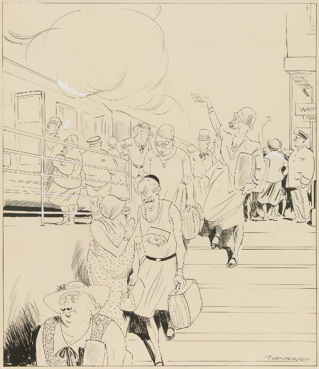 Hem P. van der | Pieter 'Piet' van der Hem | Watercolours and drawings offered for sale | Summer crowds at the station, ink and watercolour on paper 49.8 x 35.0 cm, signed l.r.