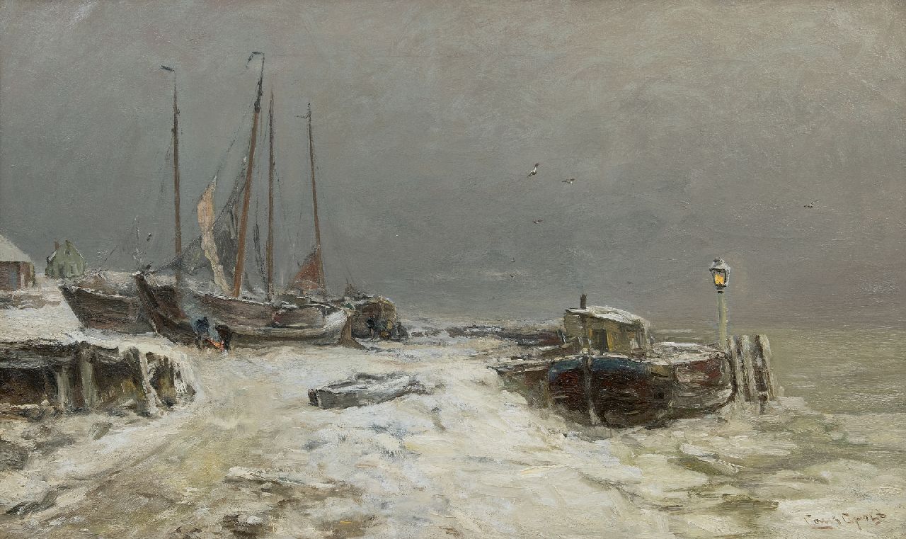 Apol L.F.H.  | Lodewijk Franciscus Hendrik 'Louis' Apol, A Snowy river view with pulled botters on the bank, oil on canvas 60.3 x 103.0 cm, signed l.r.