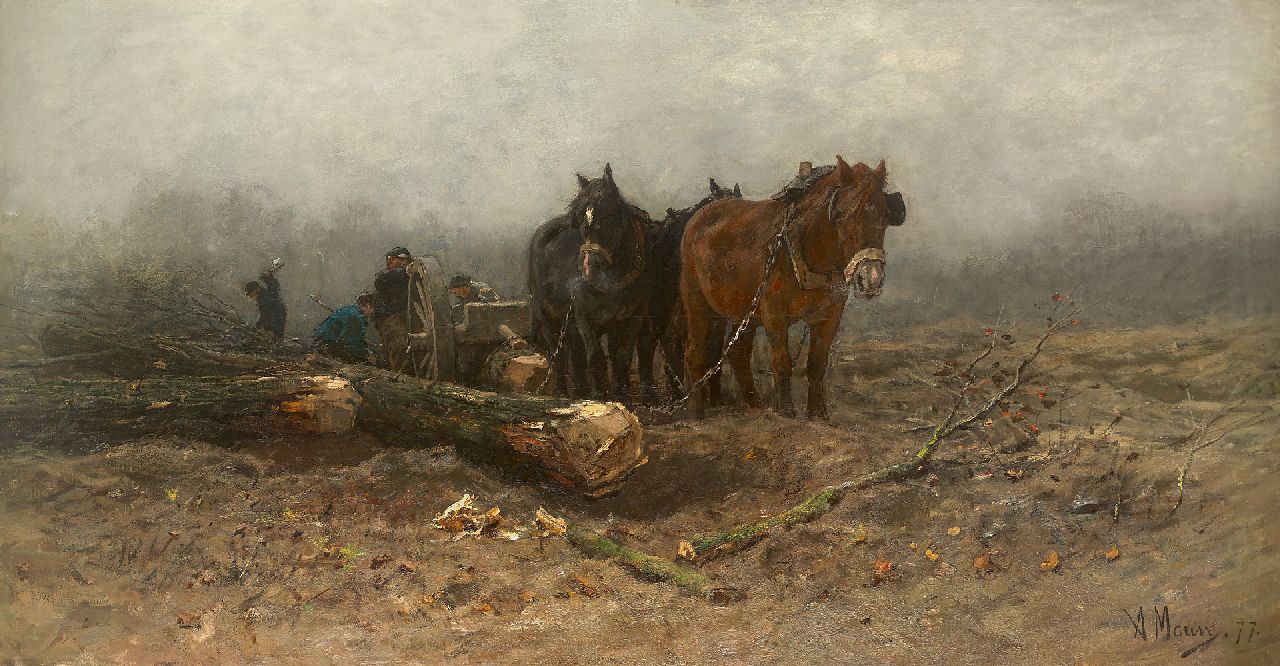 Mauve A.  | Anthonij 'Anton' Mauve, The loggers, timber wagon with horses, oil on canvas 106.6 x 205.8 cm, signed l.r. and dated '77
