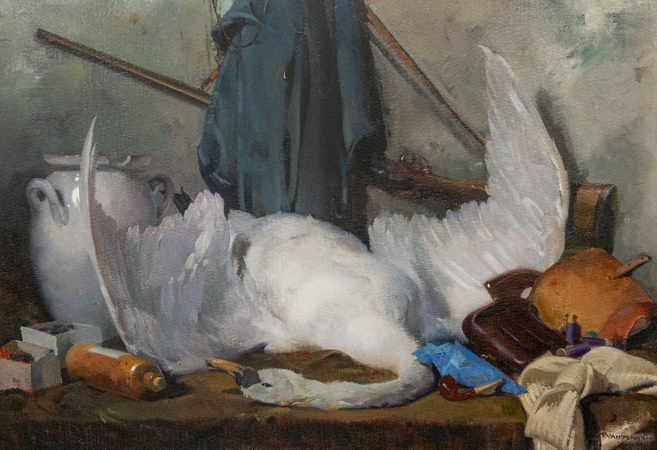 Hem P. van der | Pieter 'Piet' van der Hem | Paintings offered for sale | Hunting still life with swan, oil on canvas 88.4 x 122.8 cm, signed l.r.