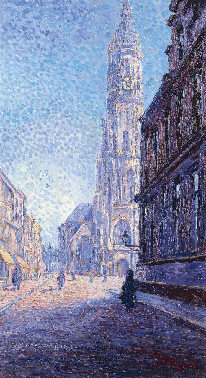 Kruysen J.  | Johannes 'Jan' Kruysen, A view of the tower of Delft at dawn, oil on canvas 70.5 x 39.2 cm, signed l.r.