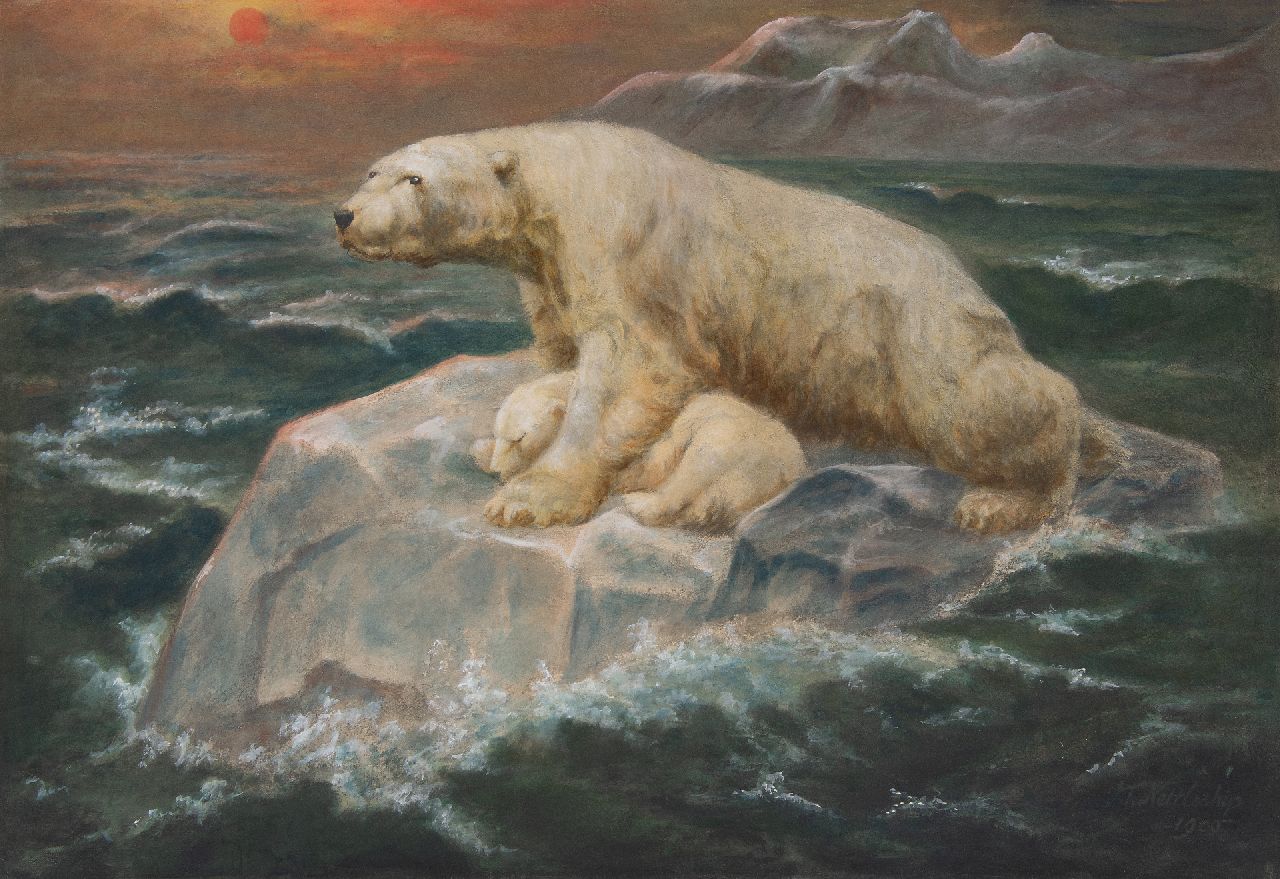 Nettleship J.T.  | John Trivett Nettleship, Polar bear with young on an ice flow at sunset, gouache on paper 47.2 x 69.9 cm, signed l.r. and dated 1900