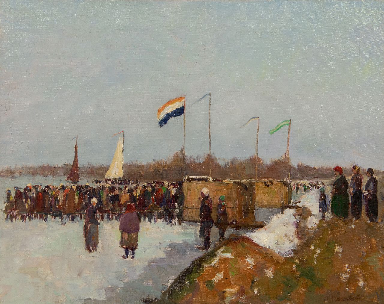 Frauenfelder H.  | Hendrik Frauenfelder | Paintings offered for sale | Ice sailing race, De Kaag, oil on canvas 40.4 x 50.3 cm, signed l.r.