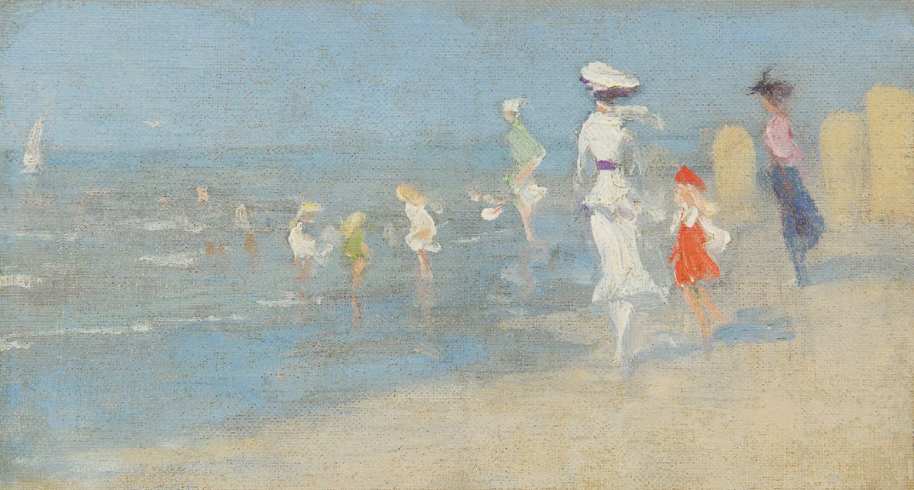 Steenwijk H. van | Hendrik van Steenwijk | Paintings offered for sale | Beach scene with bathers, oil on canvas laid down on board 13.2 x 24.2 cm