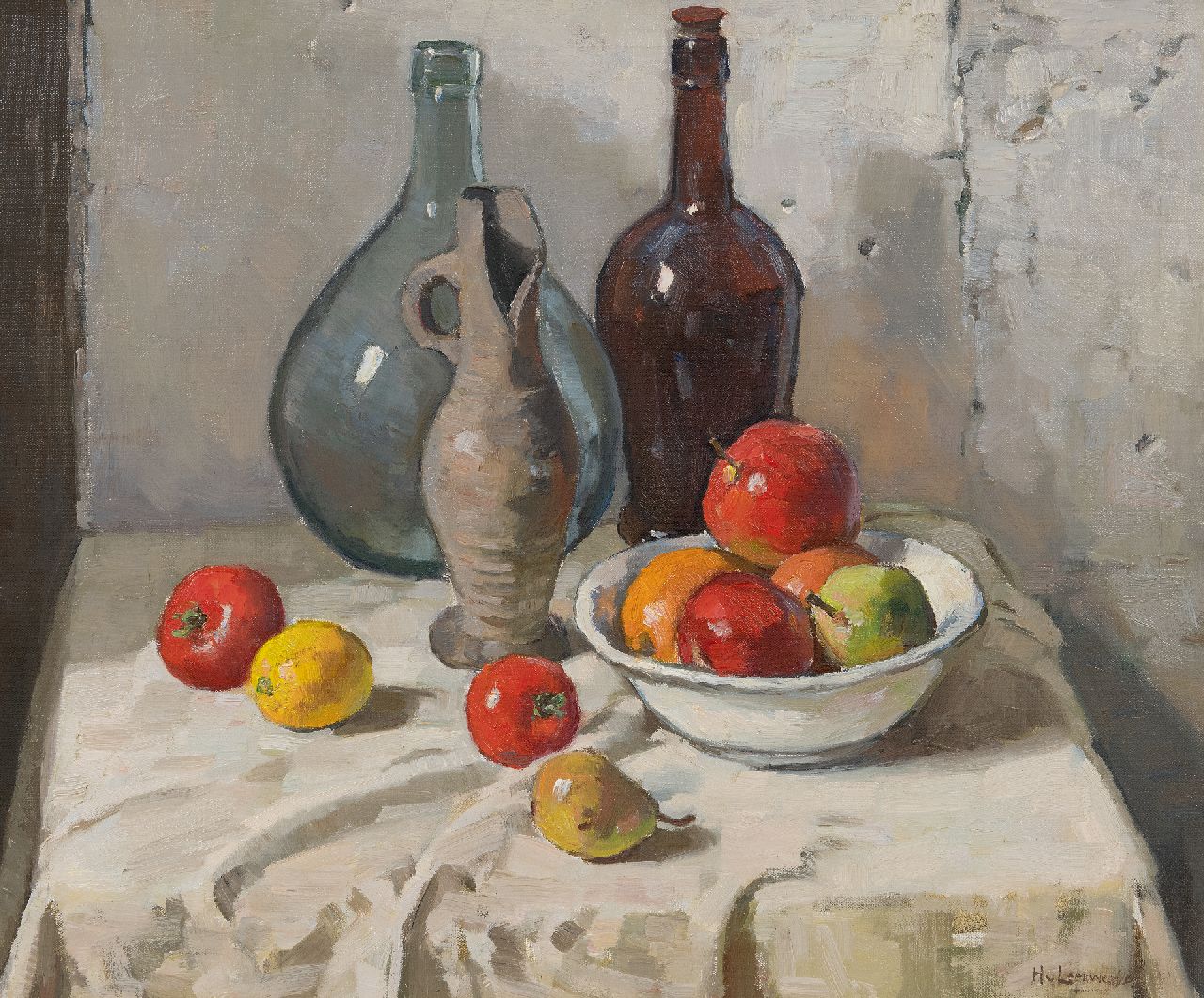 Leeuwen H. van | Hendrik 'Henk' van Leeuwen, Still life with bottles and fruit, oil on canvas 50.1 x 60.2 cm, signed l.r.