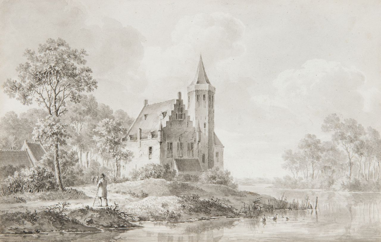 Koekkoek B.C.  | Barend Cornelis Koekkoek, Riverside travelers by a castle, washed ink on paper 18.0 x 27.5 cm