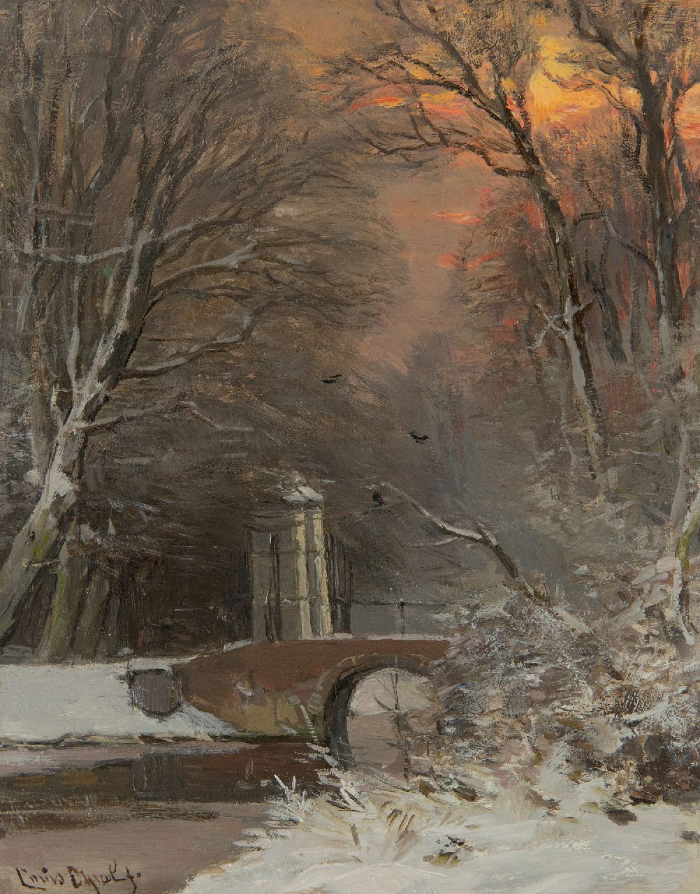 Apol L.F.H.  | Lodewijk Franciscus Hendrik 'Louis' Apol, View in a snowy forest at dusk, oil on panel 27.4 x 21.9 cm, signed l.l.