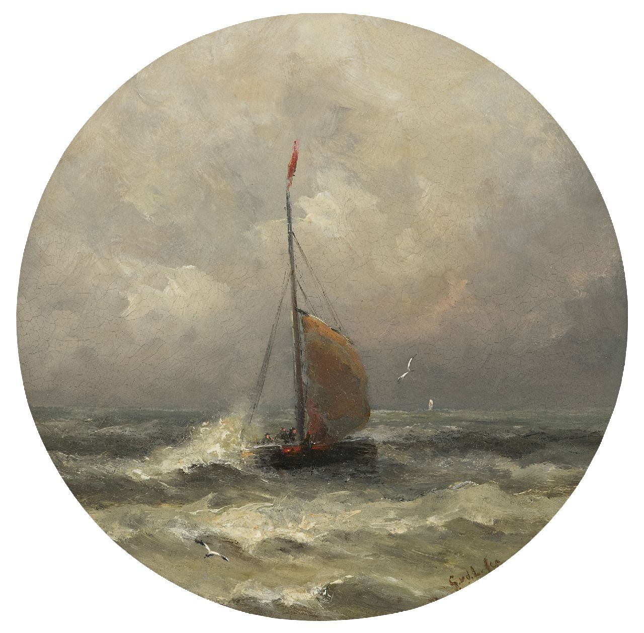 Laan G. van der | Gerard van der Laan | Paintings offered for sale | Arriving fishing bark, oil on china 28.3 x 28.3 cm, signed l.r. with initials