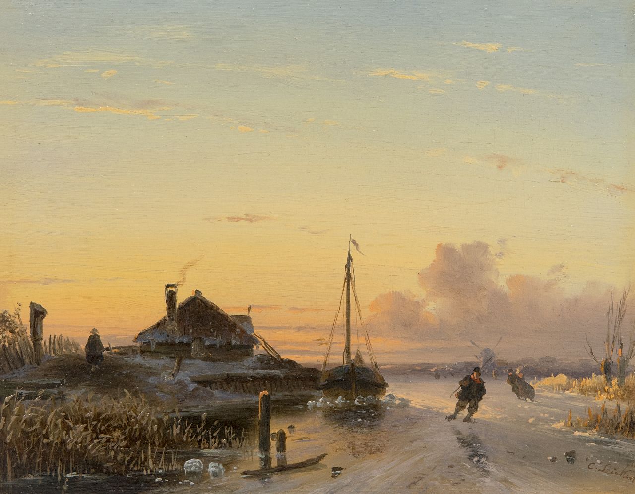 Leickert C.H.J.  | 'Charles' Henri Joseph Leickert | Paintings offered for sale | Skaters at sunset, oil on panel 17.0 x 21.0 cm, signed l.r. and painted ca. 1846-50