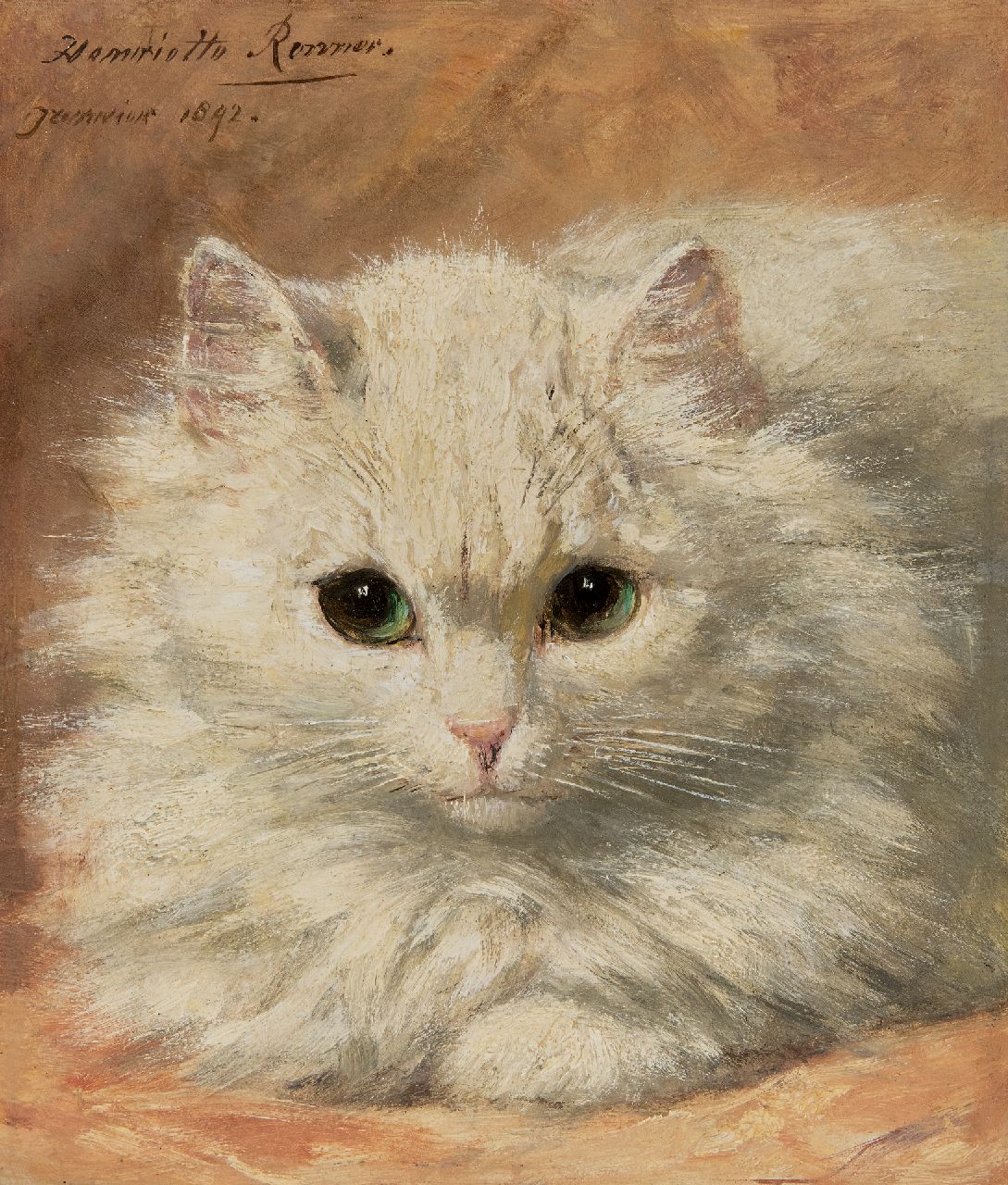 Ronner-Knip H.  | Henriette Ronner-Knip, White angora kitten, oil on panel 22.8 x 19.2 cm, signed u.l. and dated 'Janvier' 1892