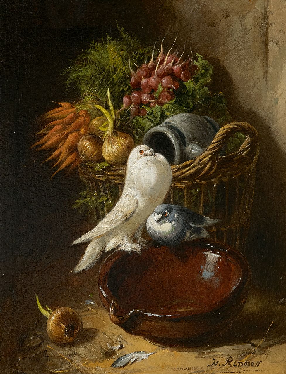 Ronner-Knip H.  | Henriette Ronner-Knip | Paintings offered for sale | Fancy pigeons with a basket of vegetables, oil on panel 18.9 x 15.5 cm, signed l.r.