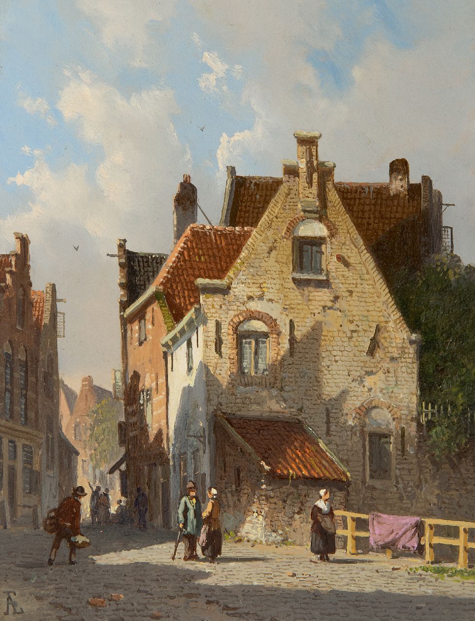 Eversen A.  | Adrianus Eversen | Paintings offered for sale | Sonnige Straße mit Figuren, oil on panel 19.1 x 14.5 cm, signed l.l. with monogram