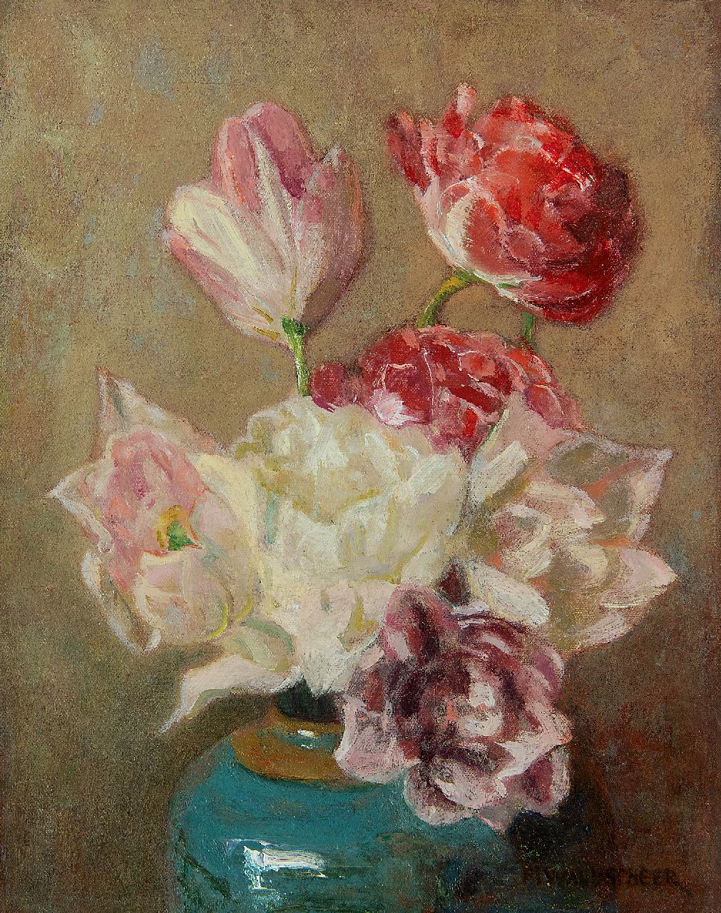 Wandscheer M.W.  | Maria Wilhelmina 'Marie' Wandscheer, Double tulips in ginger jar, oil on canvas 30.0 x 23.8 cm, signed l.r.