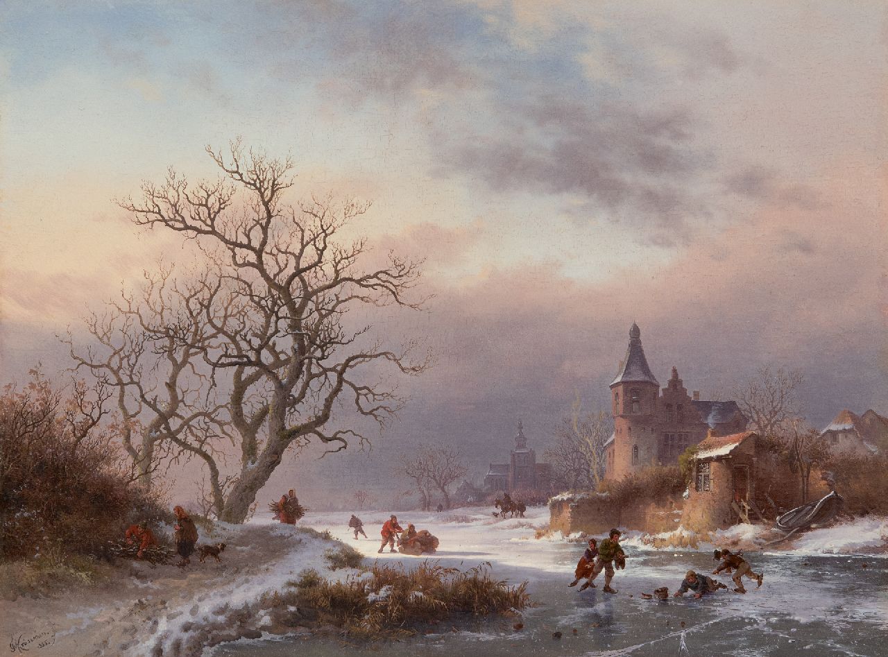 Kruseman F.M.  | Frederik Marinus Kruseman, A winter landscape with skaters on a frozen river, oil on panel 29.0 x 39.0 cm, signed l.l. and dated 1855