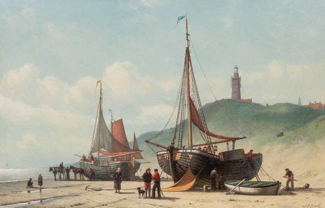 Rust J.A.  | Johan 'Adolph' Rust | Paintings offered for sale | Fishing boats on the beaach, oil on canvas 65.0 x 100.3 cm, signed l.r.