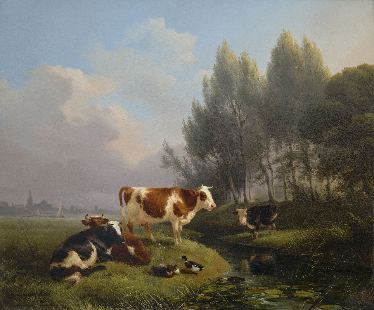 Ronner-Knip H.  | Henriette Ronner-Knip, Cows in a meadow, Den Bosch in the distance, oil on panel 33.0 x 39.2 cm, signed l.l. and dated 1845