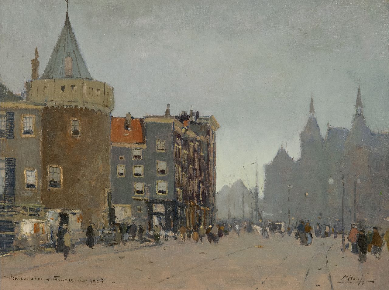Heuff H.D.  | 'Herman' Davinus Heuff | Paintings offered for sale | The Prins Hendrikkade with the Scheierstoren, Amsterdam, oil on canvas laid down on board 35.1 x 47.1 cm, signed l.r. and dated 1923