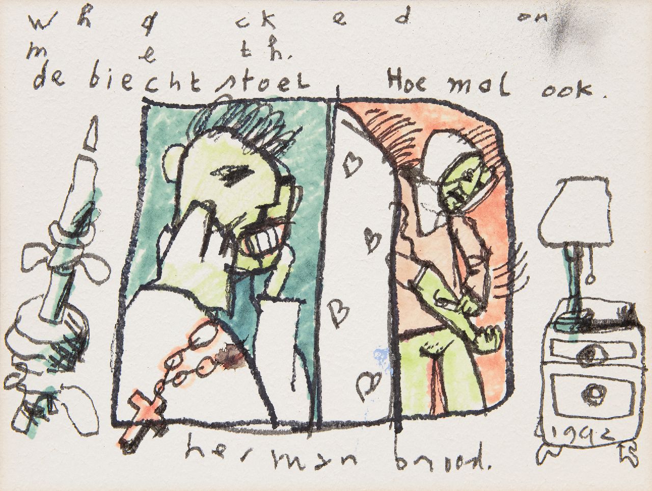 Brood H.  | Herman Brood | Watercolours and drawings offered for sale | The confessional, felt-tip pen on paper 29.0 x 38.8 cm, signed l.c. and dated 1992
