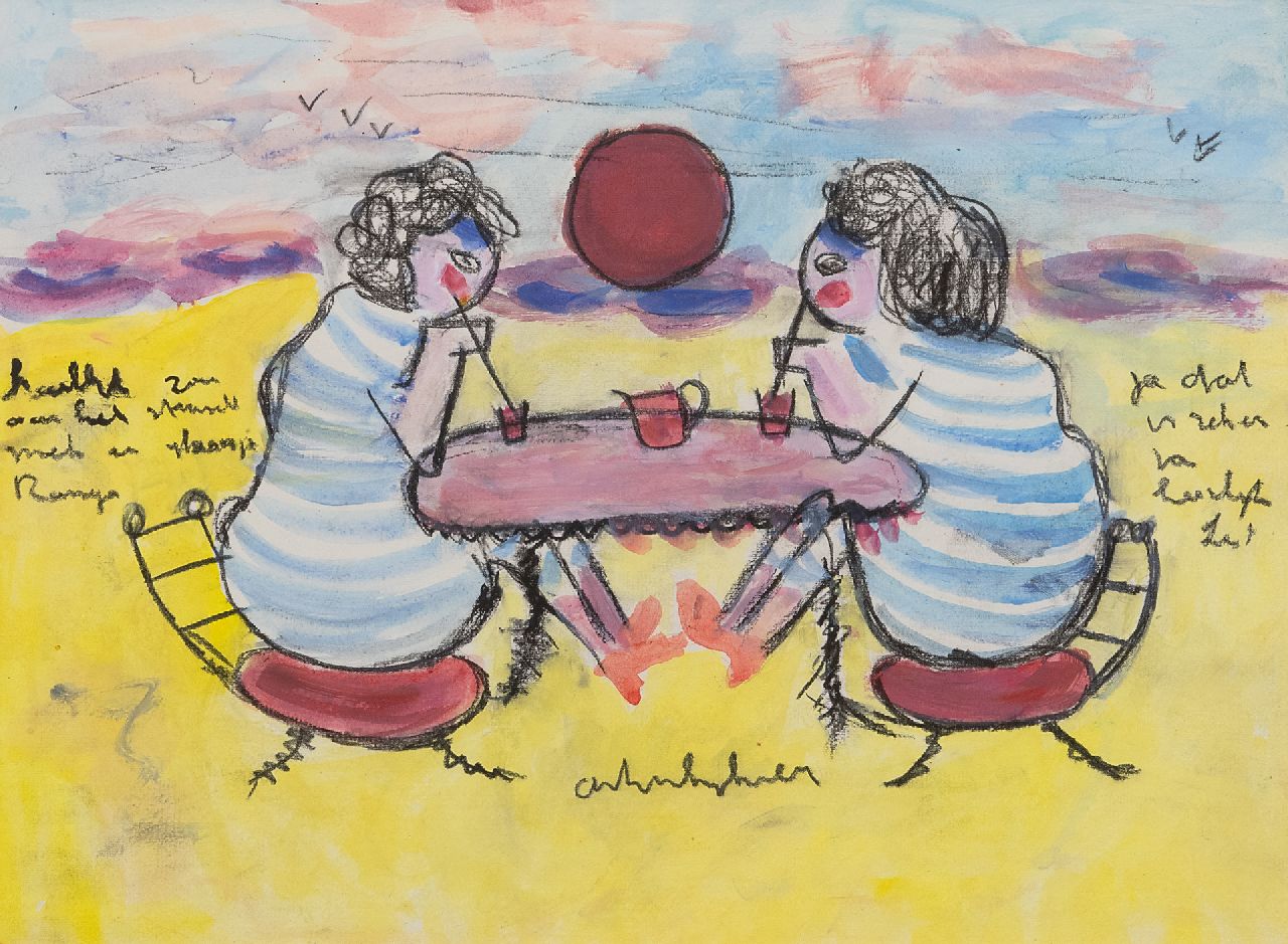 Heyboer A.  | Anton Heyboer | Watercolours and drawings offered for sale | Two women on the beach, crayon and watercolour on paper 29.0 x 38.5 cm, signed l.c.