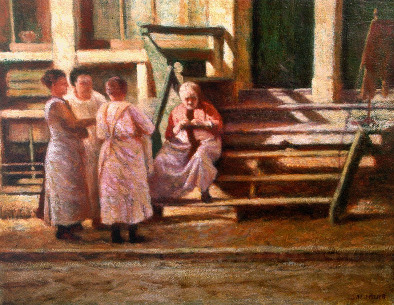 Meijer S.  | Salomon 'Sal' Meijer, Women in a sunlit street, Amsterdam, oil on panel 21.2 x 27.0 cm, signed l.r.