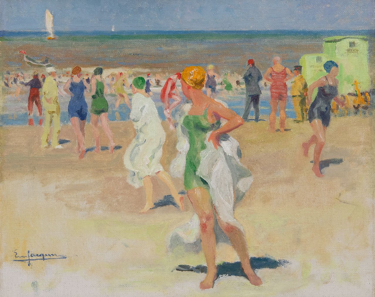 Jacques E.  | Emile Jacques, Beach scene with bathers, oil on canvas 34.1 x 41.3 cm, signed l.l.