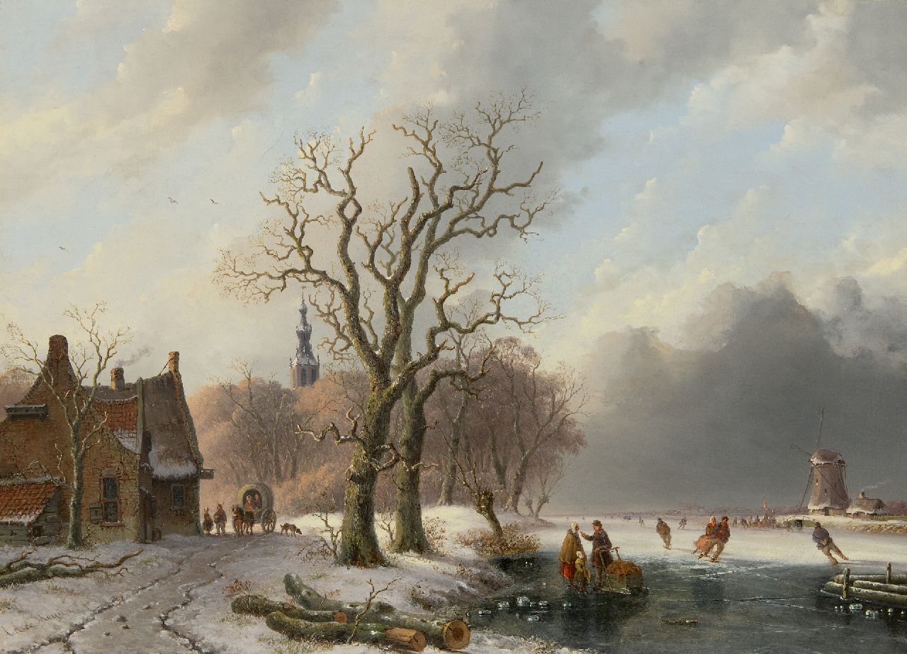 Anthony Andreas de Meijier | Skaters on a frozen river near a town, oil on panel, 52.1 x 72.1 cm, signed l.l.