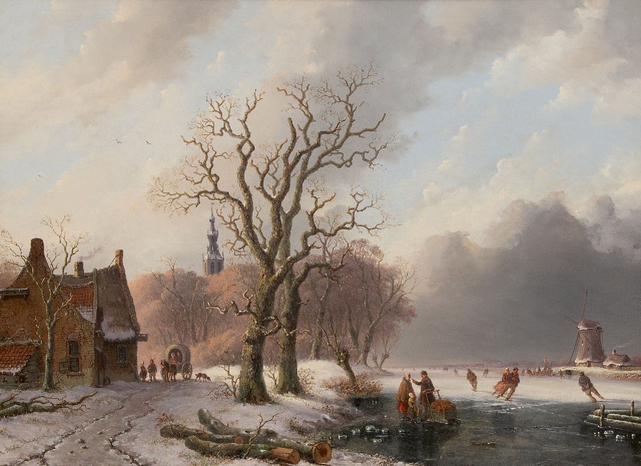 Anthony Andreas de Meijier | Skaters on a frozen river near a town, oil on panel, 52.1 x 72.1 cm, signed l.l.