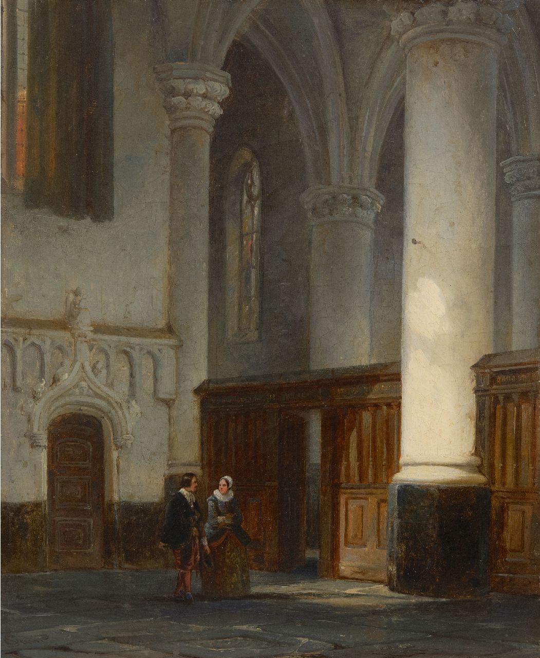 Springer C.  | Cornelis Springer | Paintings offered for sale | Mand and woman in church interior, oil on canvas 32.9 x 27.3 cm, signed l.l. with monogram and dated '44