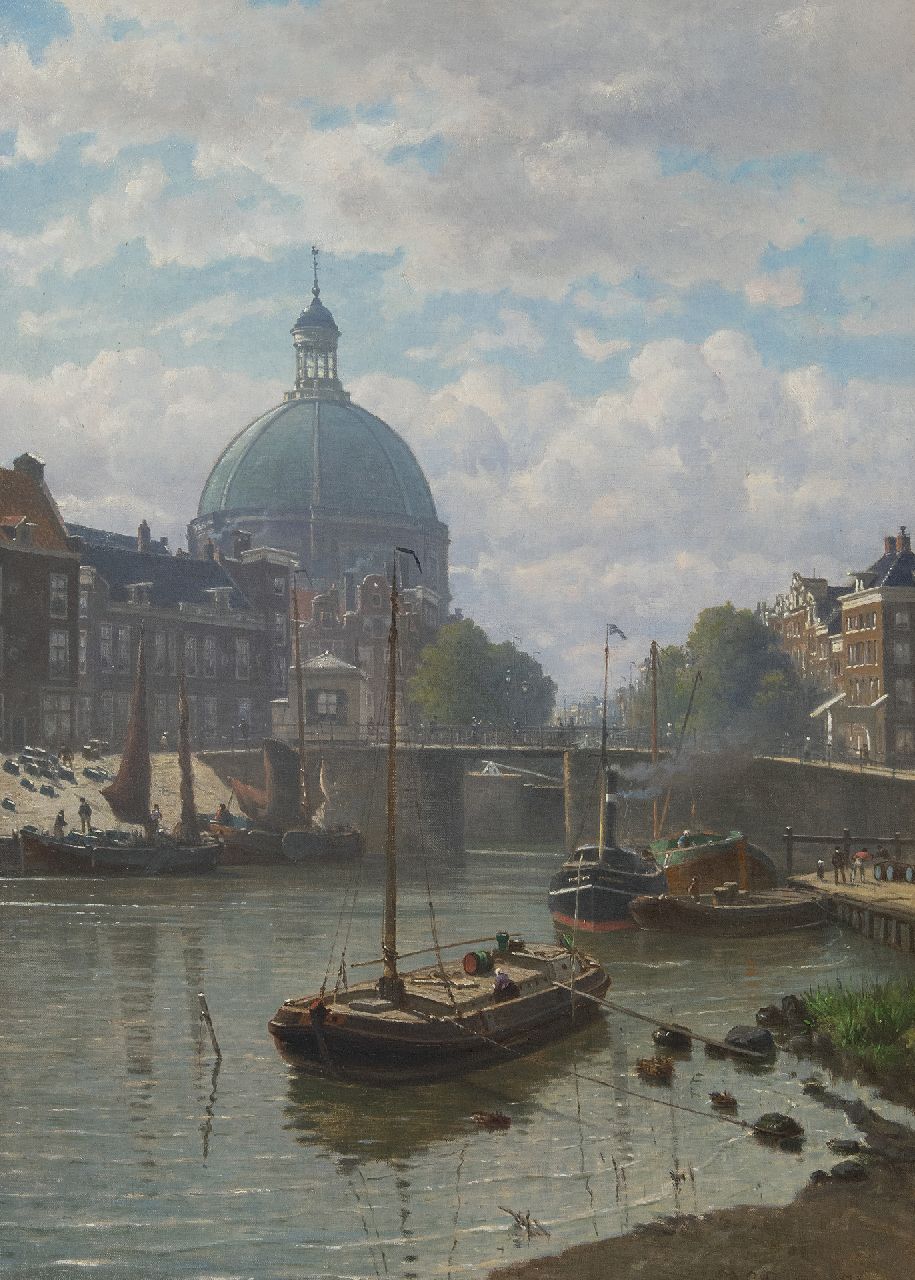 Greive J.C.  | Johan Conrad 'Coen' Greive | Paintings offered for sale | Moored work ships at the Amsterdam Haarlemmersluis near the Ronde Lutherse Kerk, oil on canvas 57.9 x 42.4 cm, signed l.r. and dated 1890