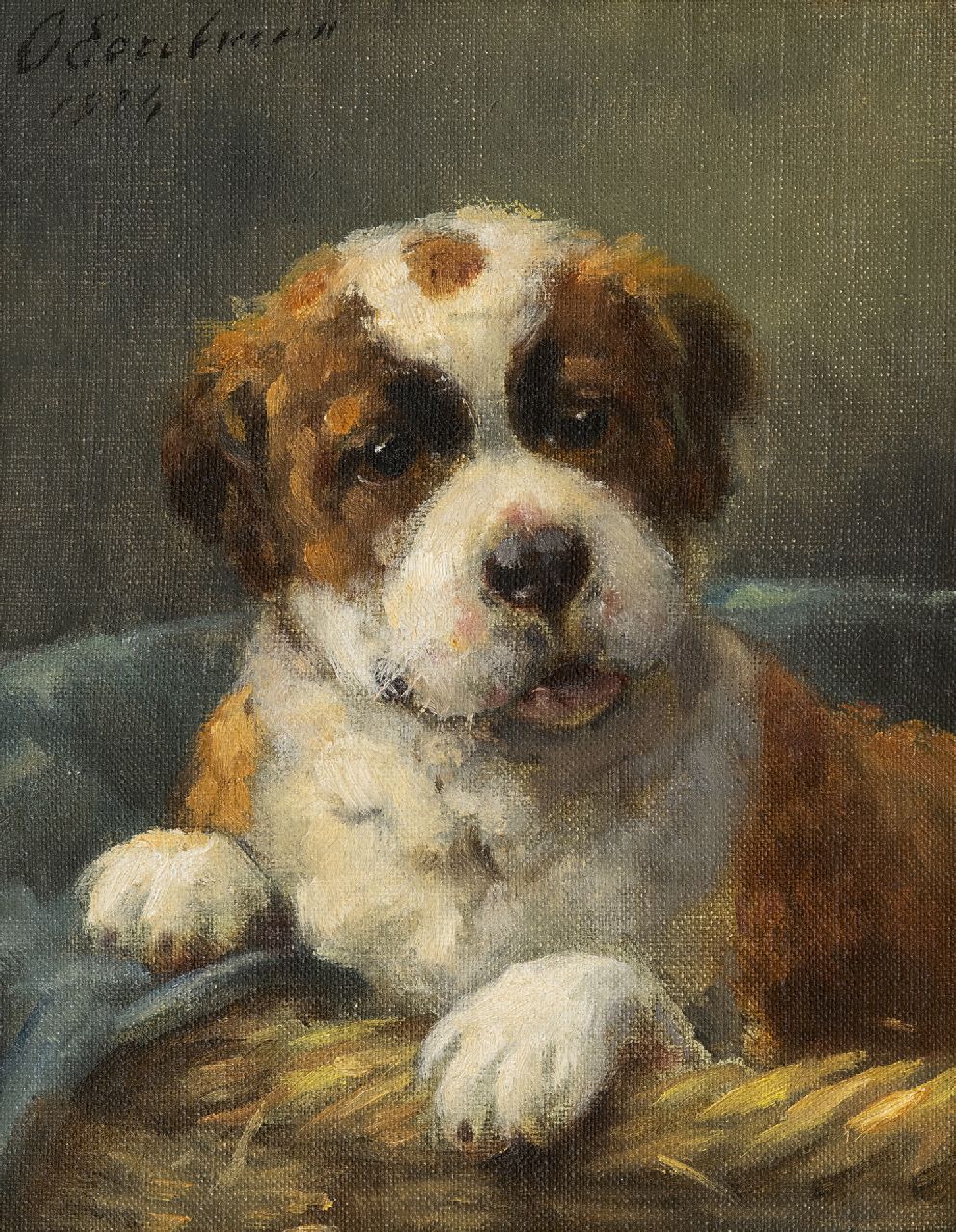 Eerelman O.  | Otto Eerelman, Saint-Bernard pup in his basket, oil on painter's board 23.8 x 18.8 cm, signed u.l. and dated 1924