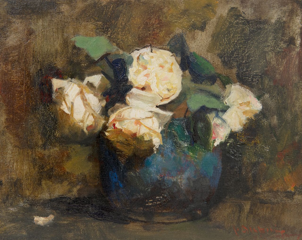 Arntzenius P.F.N.J.  | Pieter Florentius Nicolaas Jacobus 'Floris' Arntzenius, White roses in a blue pot, oil on canvas laid down on panel 30.8 x 38.0 cm, signed l.r.