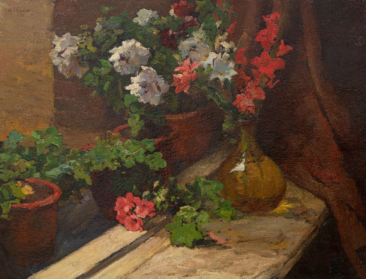 Zwart W.H.P.J. de | Wilhelmus Hendrikus Petrus Johannes 'Willem' de Zwart | Paintings offered for sale | Still life with gladioli, geraniums and potted roses, oil on canvas 61.3 x 79.5 cm, signed u.l. and zonder lijst