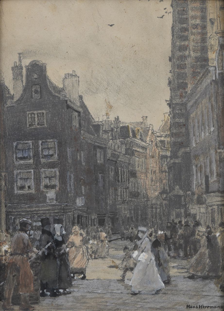 Herrmann J.E.R.  | Johann Emil Rudolf 'Hans' Herrmann | Watercolours and drawings offered for sale | A view in Amsterdam, chalk and watercolour on paper on board 34.1 x 24.5 cm, signed l.r.