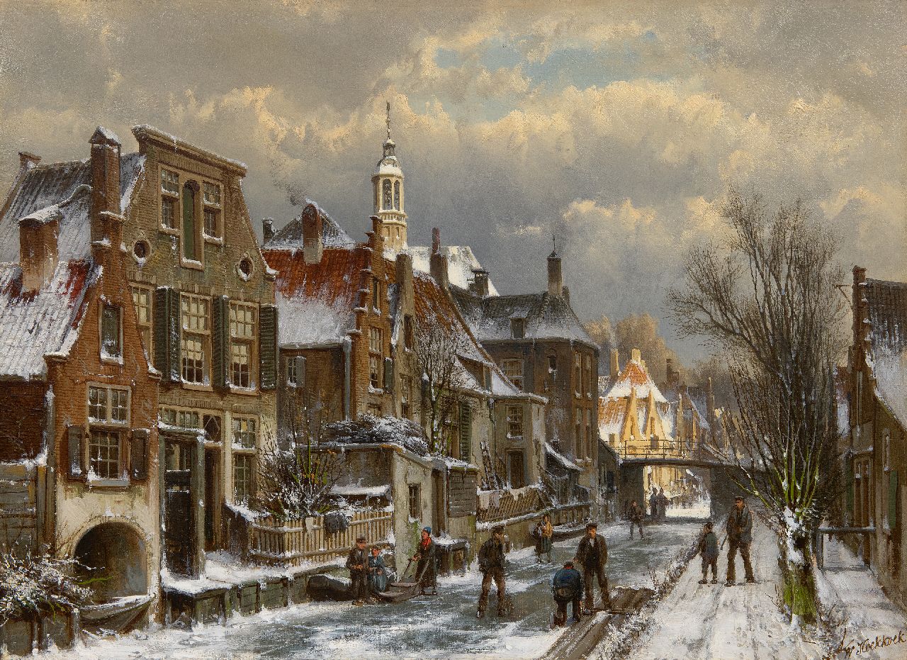 Koekkoek W.  | Willem Koekkoek, Winter townscape with skaters, oil on canvas 44.5 x 60.5 cm, signed l.r.