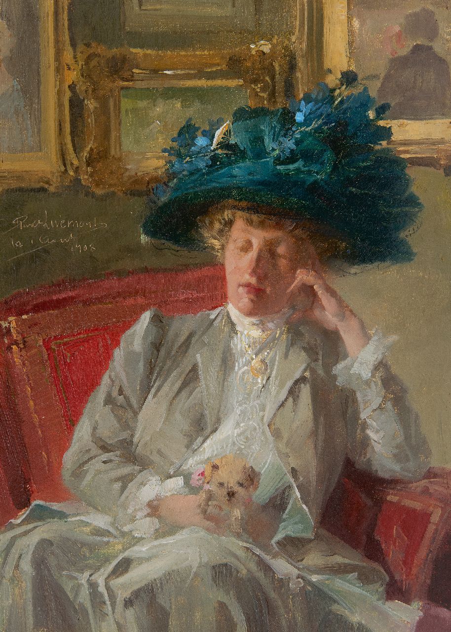 Livemont H.P.A.T.  | Henri 'Privat' Antoine Théodore Livemont | Paintings offered for sale | At the exhibition: lady with a blue hat and a dog, oil on board 33.1 x 24.0 cm, signed l.c. and dated  'le 1 Aout' 1908