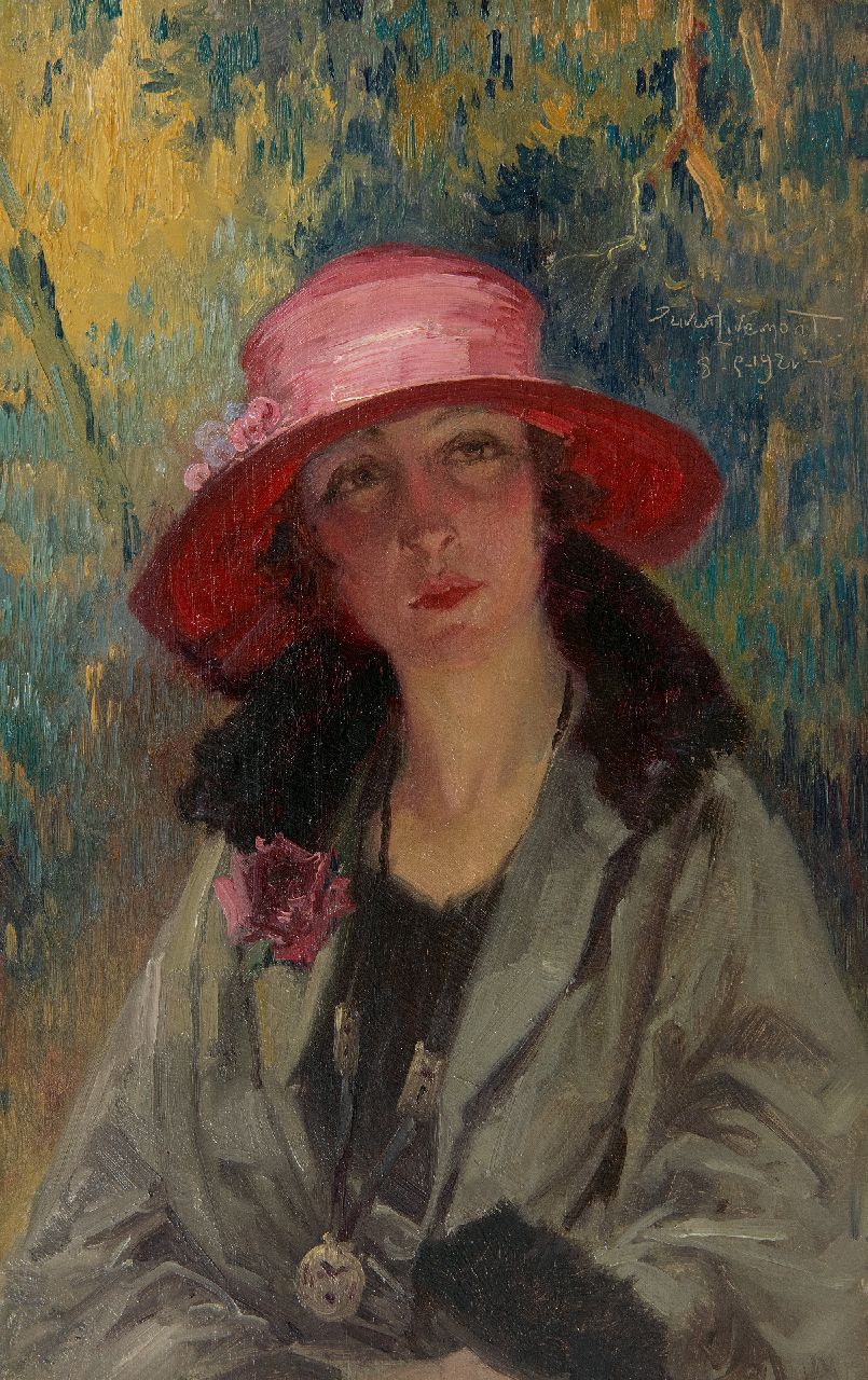 Privat Livemont | Young woman with a pink hat, oil on panel, 34.3 x 21.7 cm, signed u.r. and dated 8-5-1921