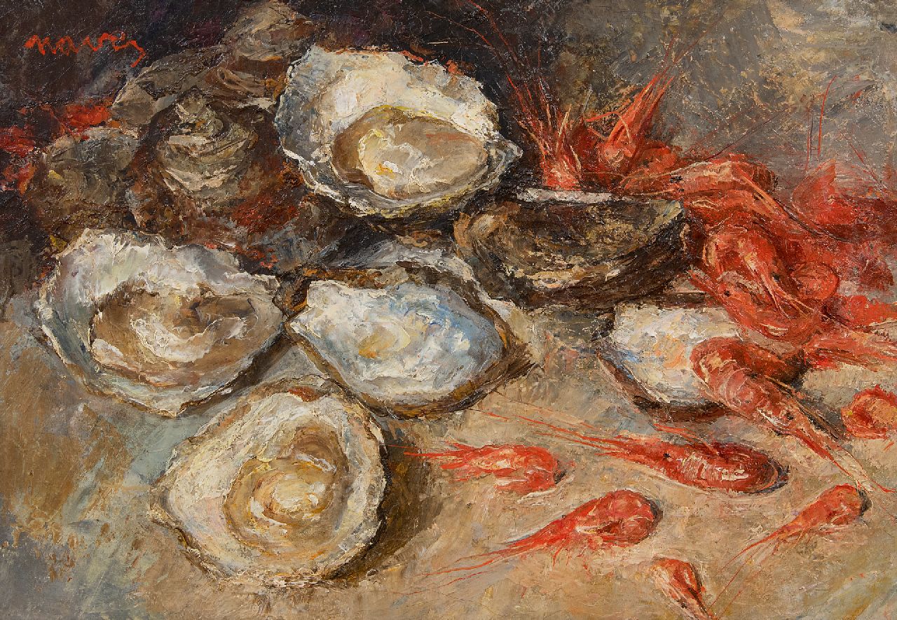 Arthur Navez | Still life of oysters and shrimps, oil on canvas, 35.0 x 50.2 cm, signed u.l.