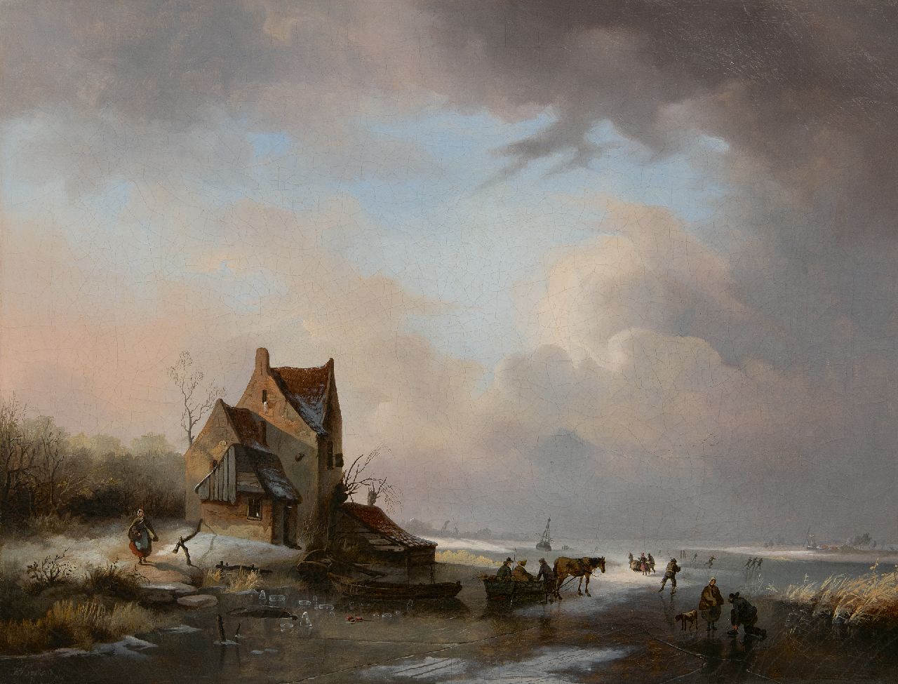 Sijpkens F.H.  | Ferdinand Hendrik Sijpkens | Paintings offered for sale | Frozen riverlandscape with skaters, oil on canvas 46.5 x 60.3 cm, signed l.l. and without frame