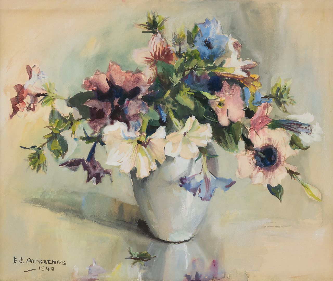 Arntzenius E.C.  | Elise Claudine Arntzenius | Watercolours and drawings offered for sale | Flowers in a white vase, watercolour on paper 36.6 x 43.0 cm, signed l.l. and dated 1949