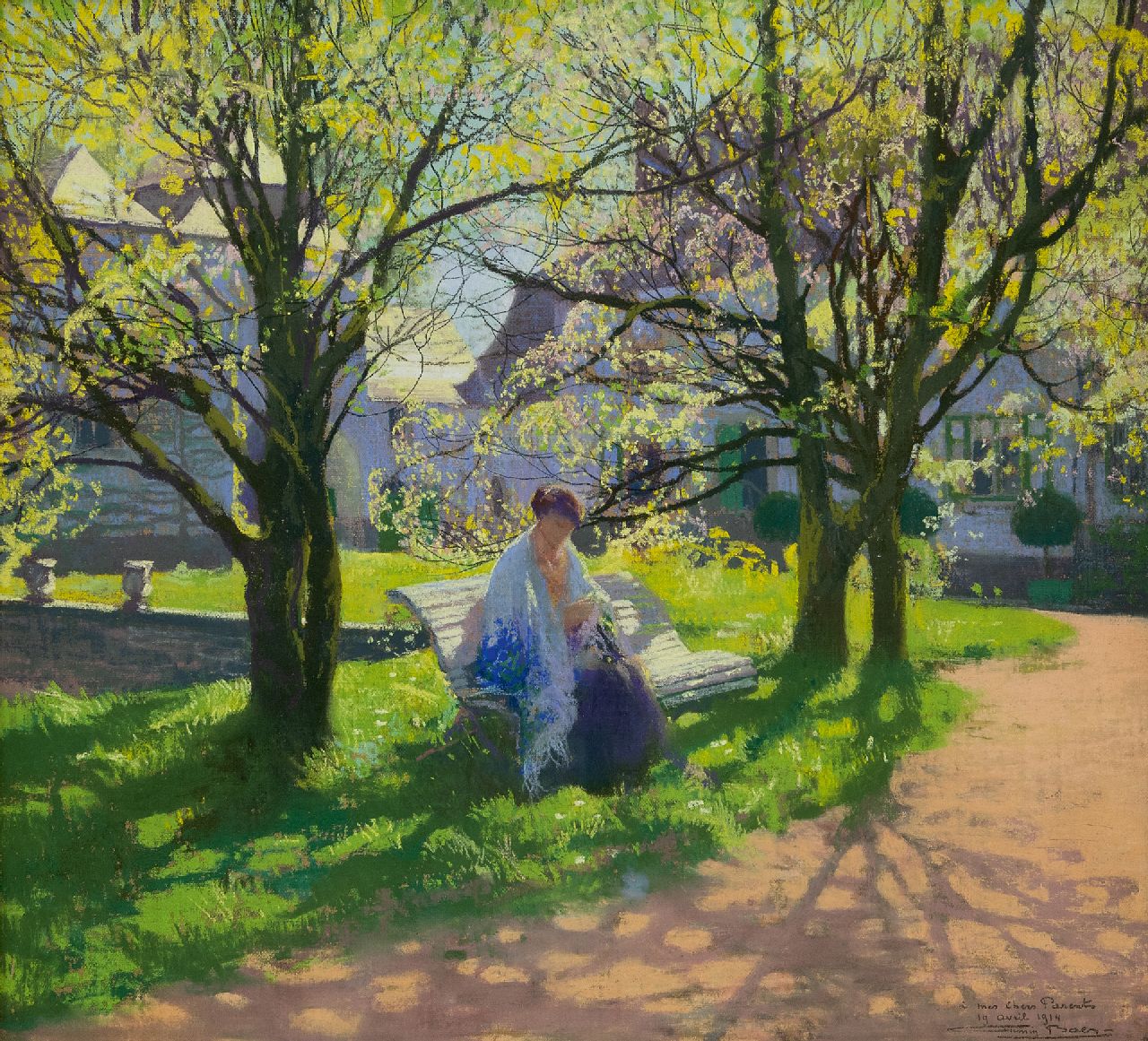 Baes F.  | Firmin Baes, A woman knitting in the garden, pastel on paper 45.0 x 49.8 cm, signed l.r. and dated 19 April 1914