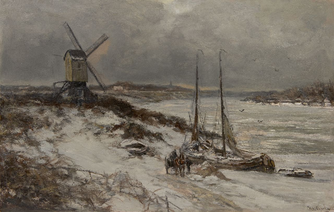 Apol L.F.H.  | Lodewijk Franciscus Hendrik 'Louis' Apol | Paintings offered for sale | A snowy river view with a moored ship at a windmill, oil on canvas 58.6 x 90.3 cm, signed l.r. and dated 1928