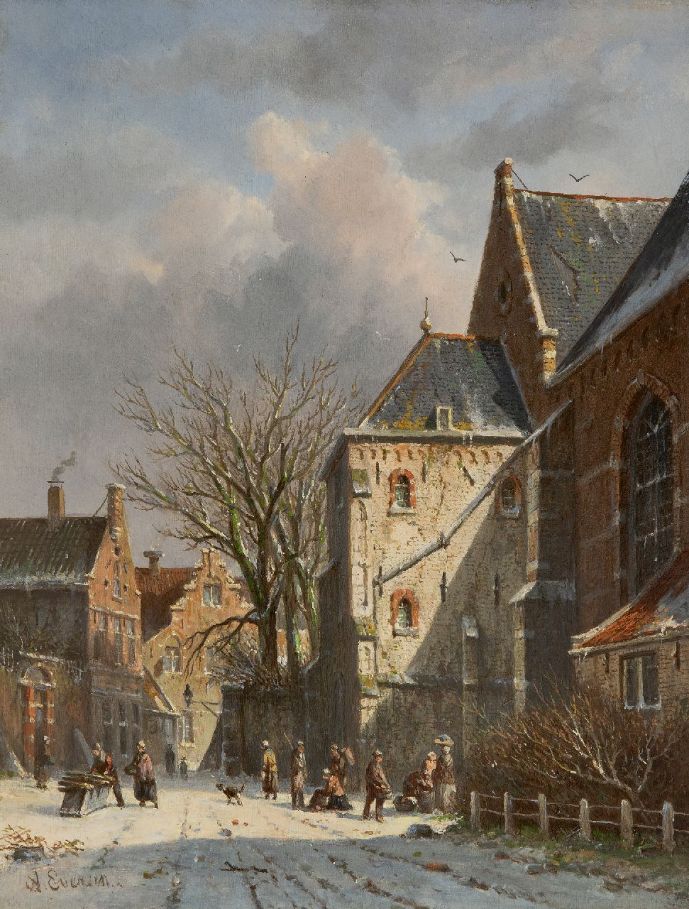 Eversen A.  | Adrianus Eversen | Paintings offered for sale | Snowy townscape with figures, oil on panel 35.7 x 27.6 cm, signed l.l.