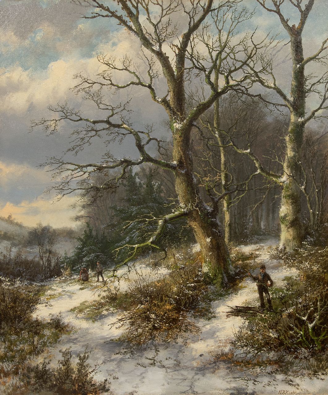 Koekkoek B.H.  | Barend Hendrik 'H.B.' Koekkoek, Gathering wood in a snowy forest, oil on canvas 76.6 x 63.8 cm, signed l.r.