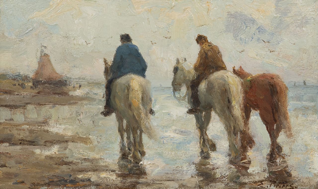 Pieters E.  | Evert Pieters | Paintings offered for sale | Beachscene with horses, Katwijk, oil on panel 24.0 x 39.0 cm, signed l.r.