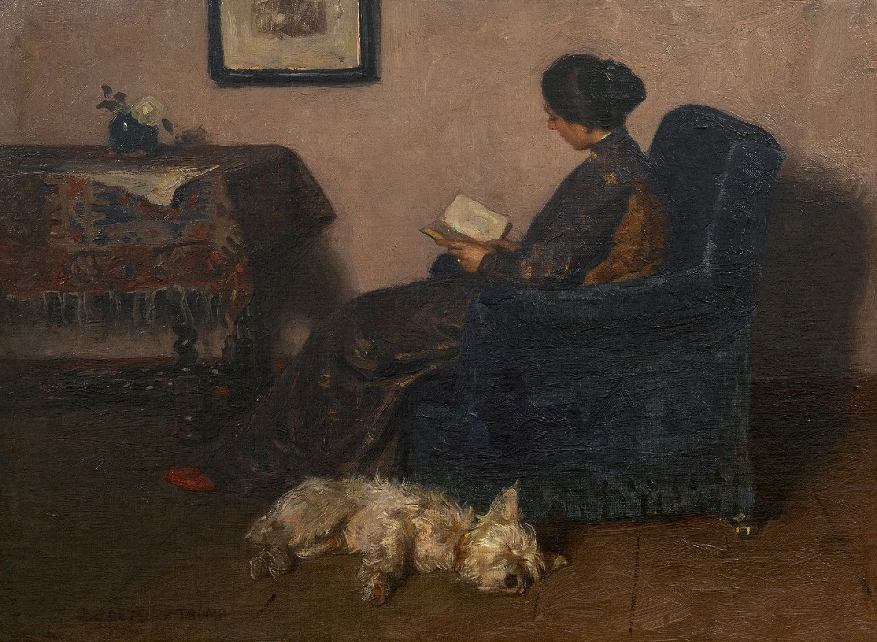 Zoetelief Tromp J.  | Johannes 'Jan' Zoetelief Tromp, The painter's wife reading, with their dog Billie, oil on canvas 41.5 x 55.5 cm, signed l.l.
