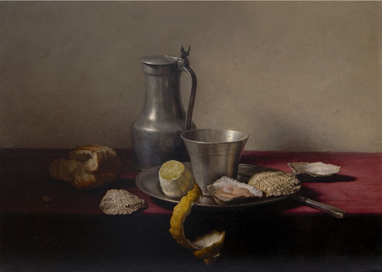 Eversen J.H.  | Johannes Hendrik 'Jan' Eversen | Paintings offered for sale | Still life with pewter, lemon and oysters, oil on canvas 51.0 x 70.8 cm, signed l.r. and dated 1957